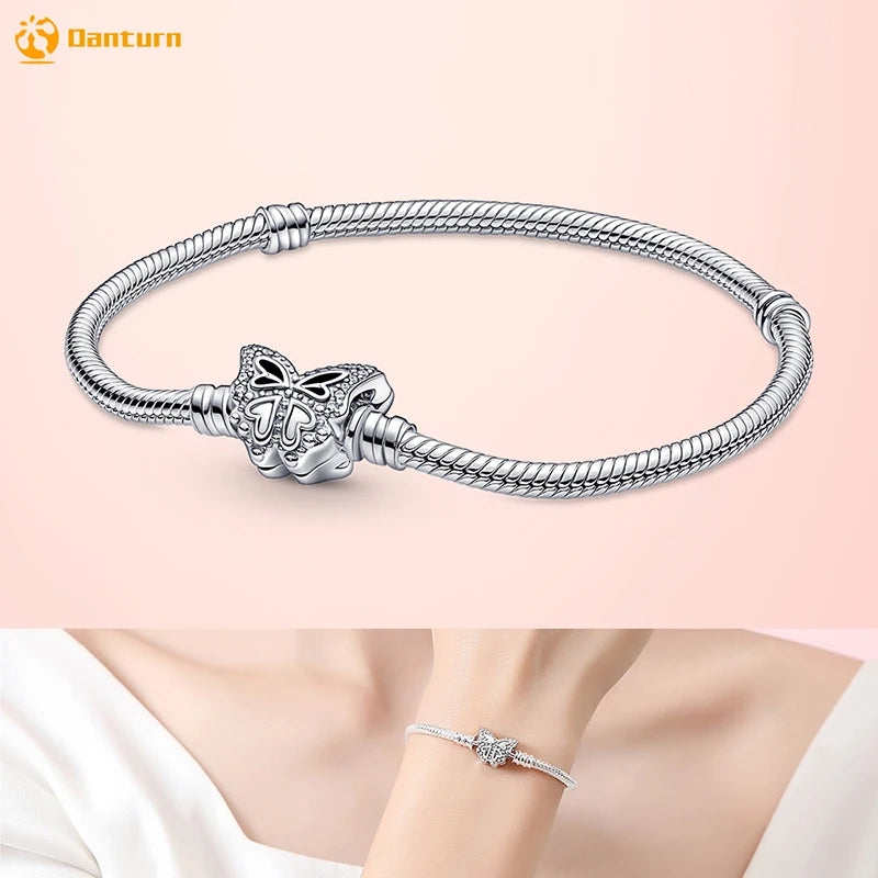 Danturn 925 Silver Heart Infinity Wishbone Heart Blue Disc Fan Clasp Heart T-Bar Multi Snake Chain Bracelets