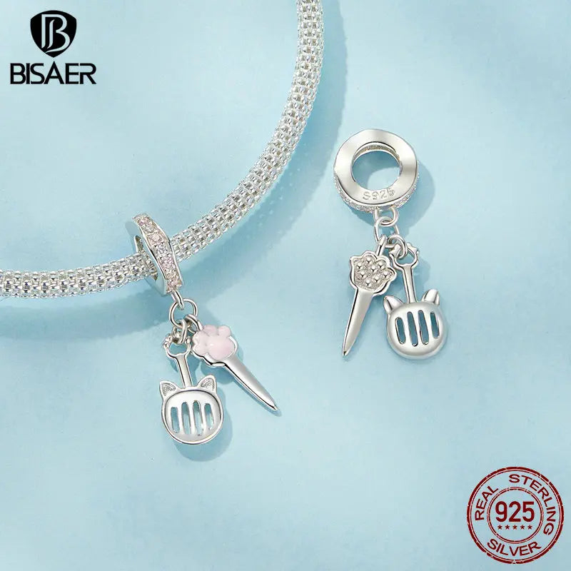 BISAER 925 Sterling Silver Baby Bottle Set Charm Bead Comb Cutlery Cute Pet Kit Holiday Pendant Fit Women DIY Bracelet Jewelry