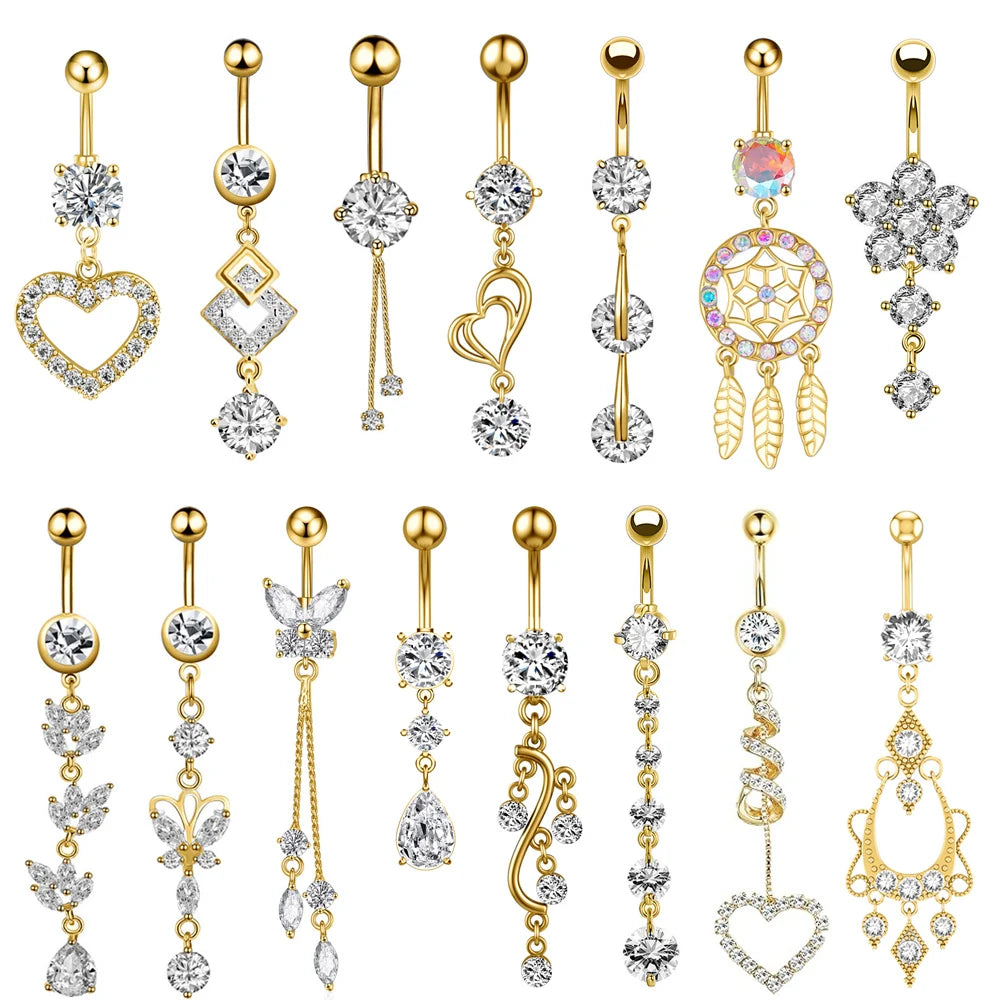 Heart Butterfly Gold Color Dangle Navel Piercing for Women Zircon Pendant Belly Button Ring 14G Stainless Steel Belly Jewelry