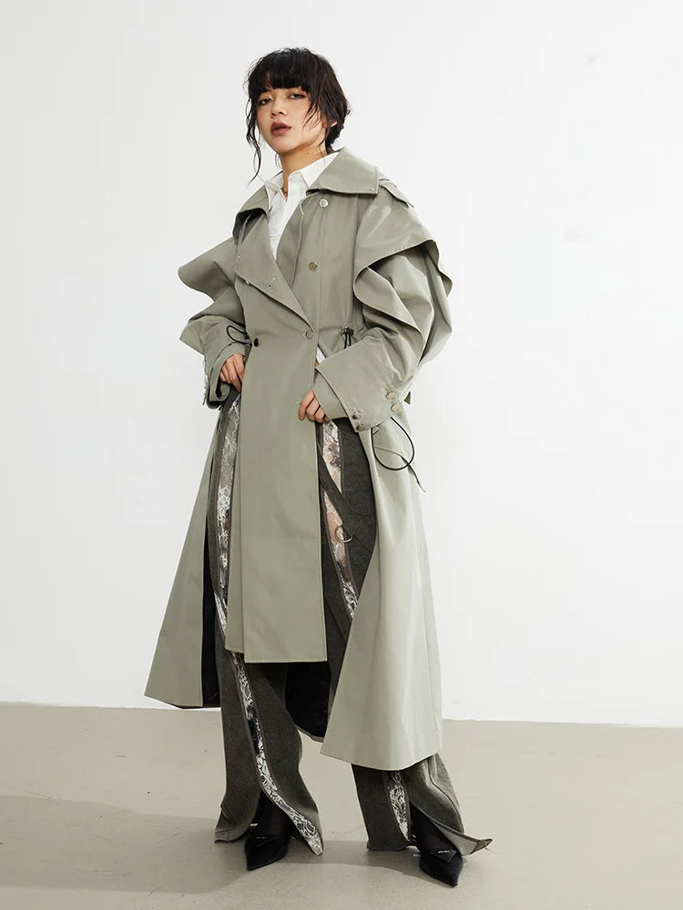 PlusizeShe Printemps Automne Long Élégant Chic Trench Coat pour Femmes avec Cordon de Serrage à la Taille Double Boutonnage Vêtements de Créateur de Luxe