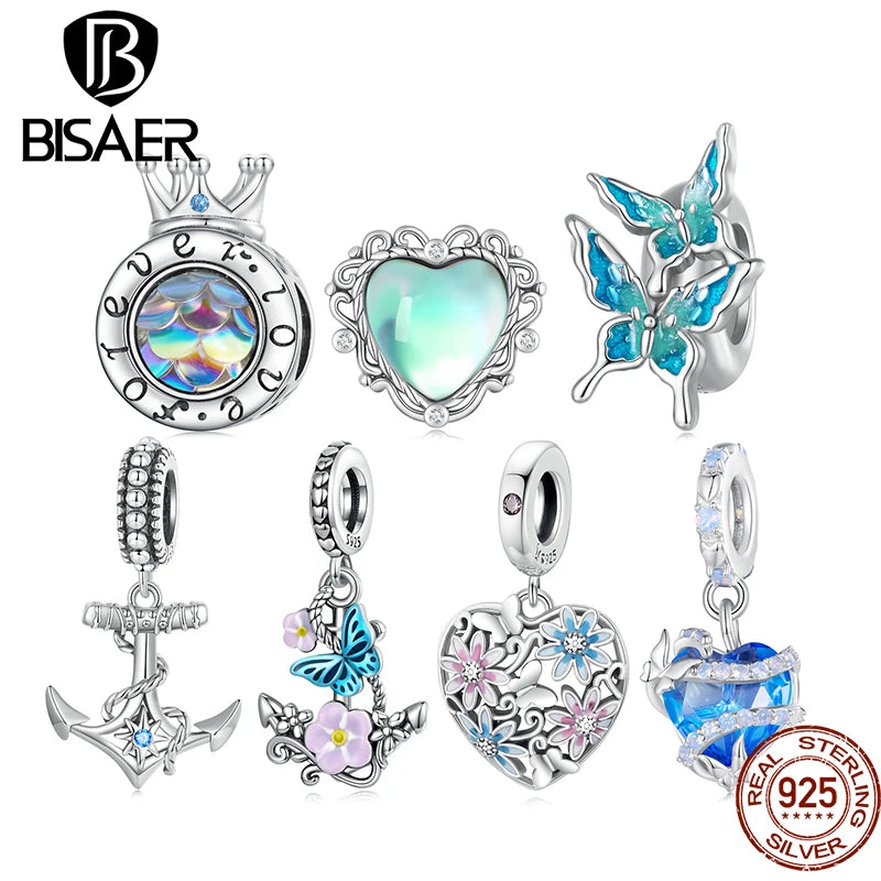 BISAER 100% 925 Sterling Silver Flower Anchor Charm Bead Blue Heart Pendant For Women DIY Bracelet Fine Jewelry Gift