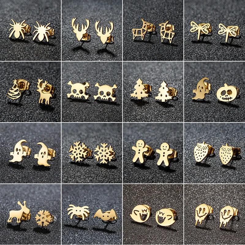 Cartoon Stainless Steel Stud Earrings Gingerbread Man Deer Spider Ghost Earings for Women Christmas Piercing Jewelry 2024