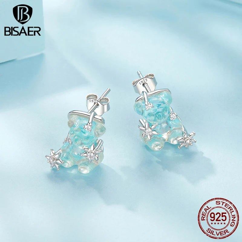 BISAER 925 Sterling Silver Bule Bear & Snowflake Stud Earrings Cute Animals Hypoallergenic Earrings for Women Party Fine Jewelry