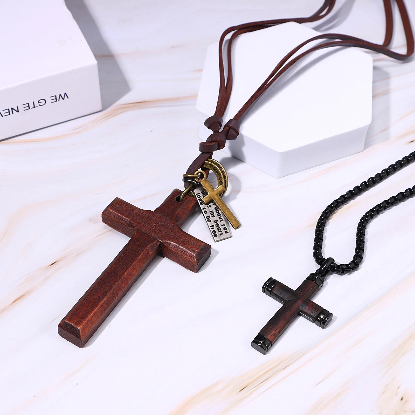 BONISKISS 2PC Vintage Wooden Stainless Steel Chain Cross Pendant Christianity Adjustable Leather Rope Necklace for Men and Women