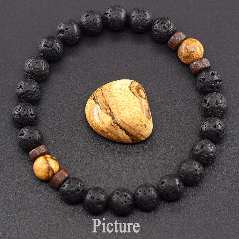 Natural Blue Sandstone Round Beads Bracelet Men Women Vintage Volcanic Stone Jewelry Relieve Anxiety Wristband Birthday Gift