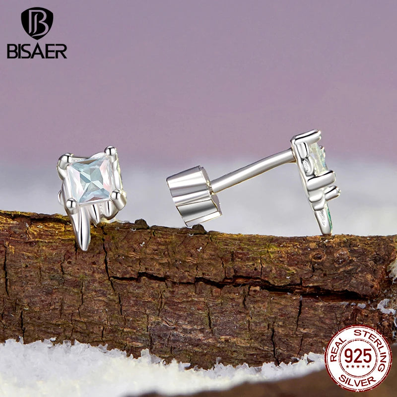 BISAER Real 925 Sterling Silver Ice Cube Cube Stud Earrings Sparkling Zircon Stud Ear For Women Party Original Fine Jewelry Gift