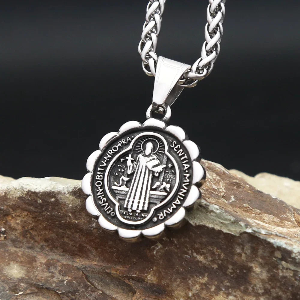 Vintage Fashion Stainless Steel Catholic Saint Benedict Cross Pendant Necklace For Men Punk Biker Amulet Religious Jewelry Gifts