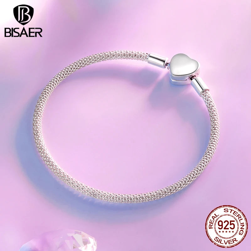 BISAER Real 925 Sterling Silver Heart Basic Bracelet Love Statement Bracelets for Women Charms Beads DIY Fine Jewelry ECB293