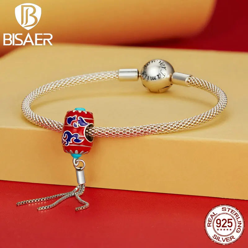 BISAER 100% 925 Sterling Silver Chinese New Year Red DIY Charms Beads Lantern Pendant Fit Women DIY Bracelet Fine Jewelry