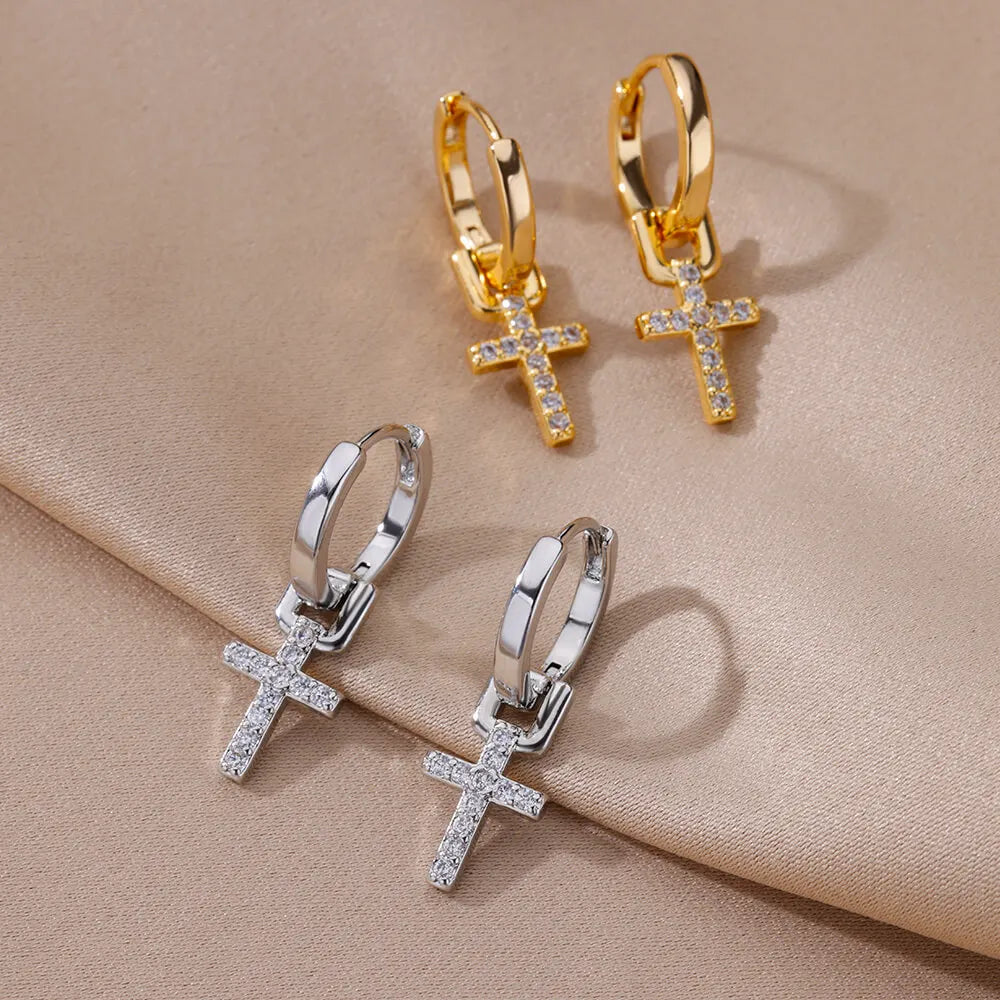 Zirkon Kreuz Baumeln Ohrringe Für Frauen Mädchen Edelstahl Kreuz Ohrring 2024 Trendy Paar Hochzeit Ästhetischen Schmuck aretes