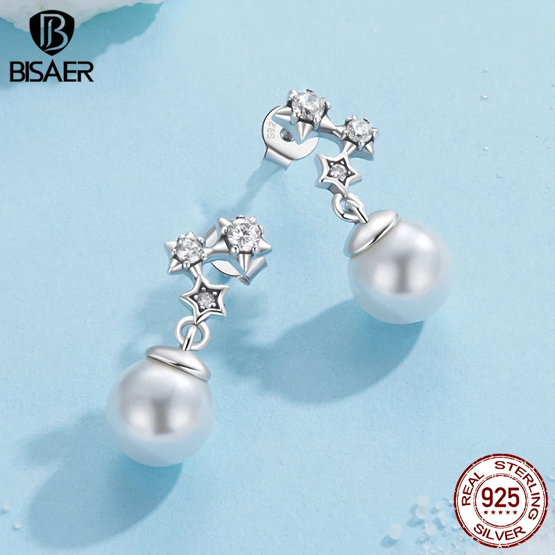 BISAER Real 925 Sterling Silver Star Stud Earrings Shell Pearl Stud Ear For Elegant Women Party Original Fine Jewelry EFE1120