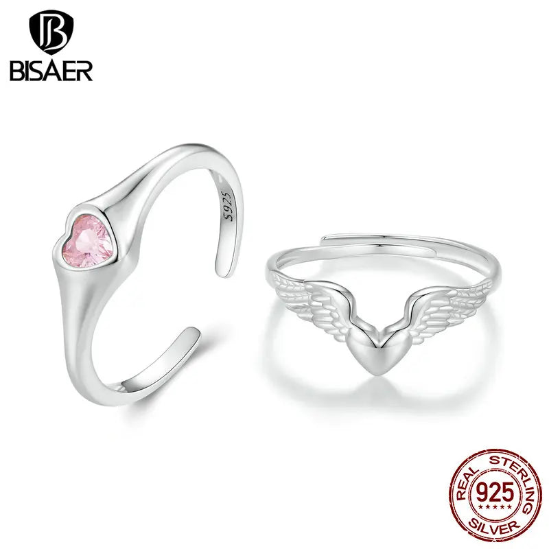 BISAER 925 Sterling Silver Pink Heart Angel Wing Open Ring Size 5-9 Eternity Band Plated Platinum for Women Party Fine Jewelry