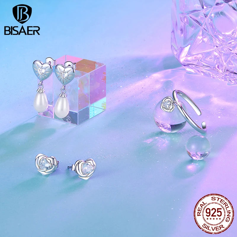 BISAER 925 Sterling Silver Heart Rose Open Ring Flower Adjustable Promise Rings Plated White Gold for Women Wedding Fine Jewelry