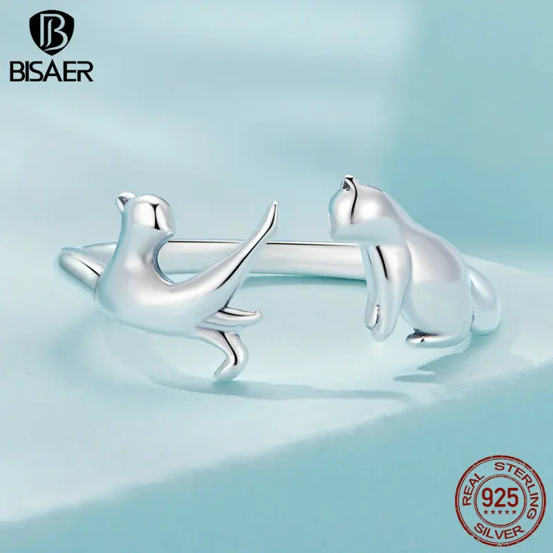 BISAER Anillos ajustables con forma de gato doble y bonito de plata de ley 925 auténtica, anillo abierto con forma de corazón de 6 a 9 circón, joyería de fiesta para mujer