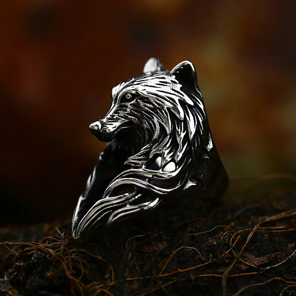 Punk Vintage Black Wolf Head Ring For Men 316L Stainless Steel Gothic Hip Hop Animal Rings Fashion Amulet Jewelry Gift Wholesale