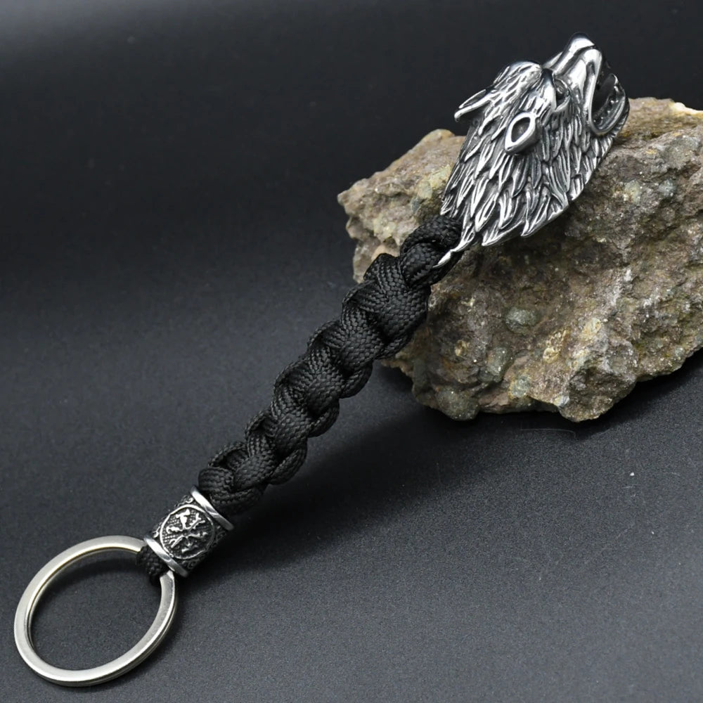 Viking Wolf Head Survival Rope Keychain Men's Stainless Steel Pendant Paracord Keyring Handmade Norse Pirates Rune Amulet Jewelr