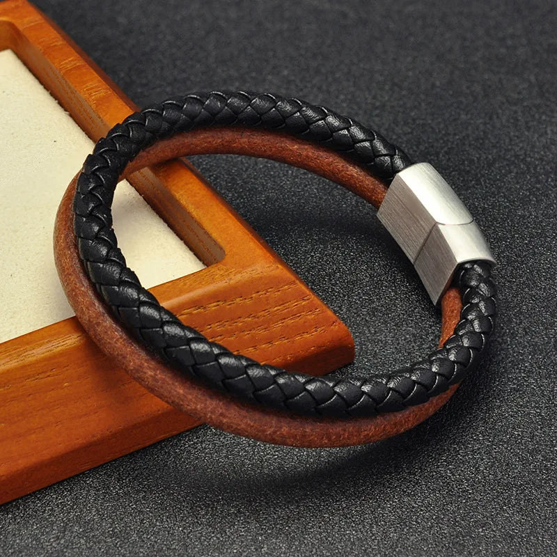 MKENDN Double Strand Original Cowhide Bracelet With Woven LeatherStainless Steel Magnet Buckle Accessories Handmade Gifts