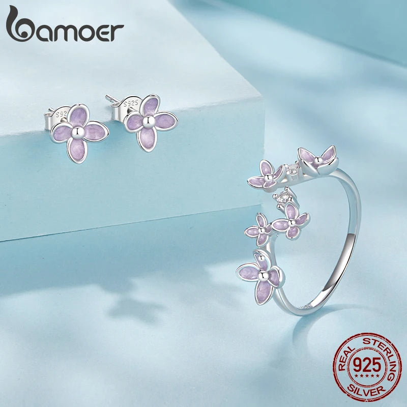 Bague ajustable en argent sterling 925 BAMOER avec fleur lilas, plaquée or blanc, bague de promesse de Noël avec fleur, bijoux délicats et élégants