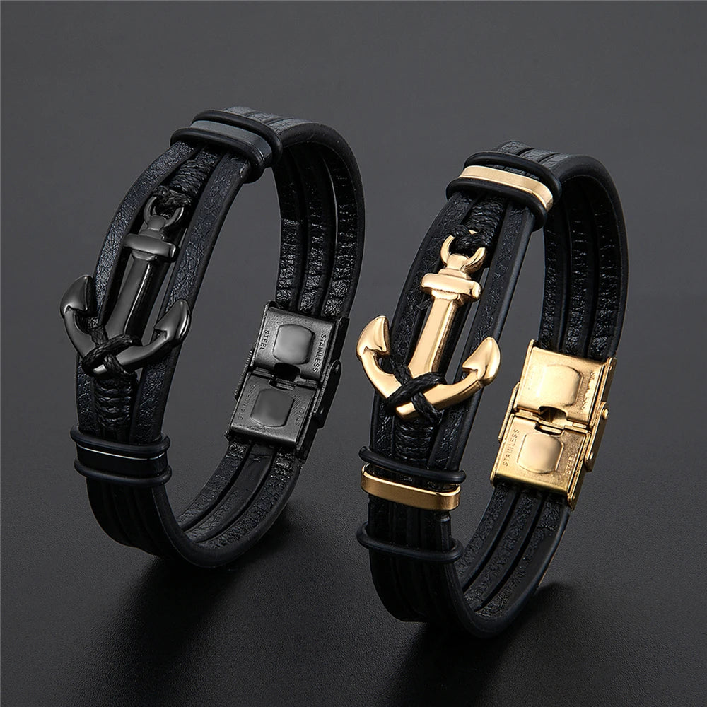 New Punk Stainless Steel Anchor Bracelets Genuine Leather Bracelet & Bangles for Men Bracelet Jewelry Black Color Fashion Gift