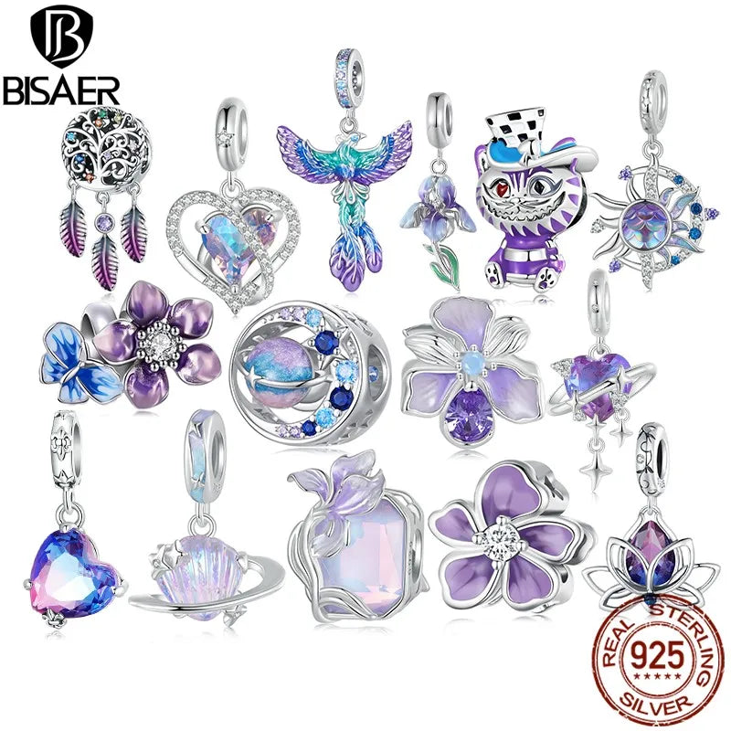 BISAER 925 Sterling Silver Interweaving Heart Charm Bead Phoenix Purple Flower Sun Pendant Fit Women DIY Bracelet Fine Jewelry