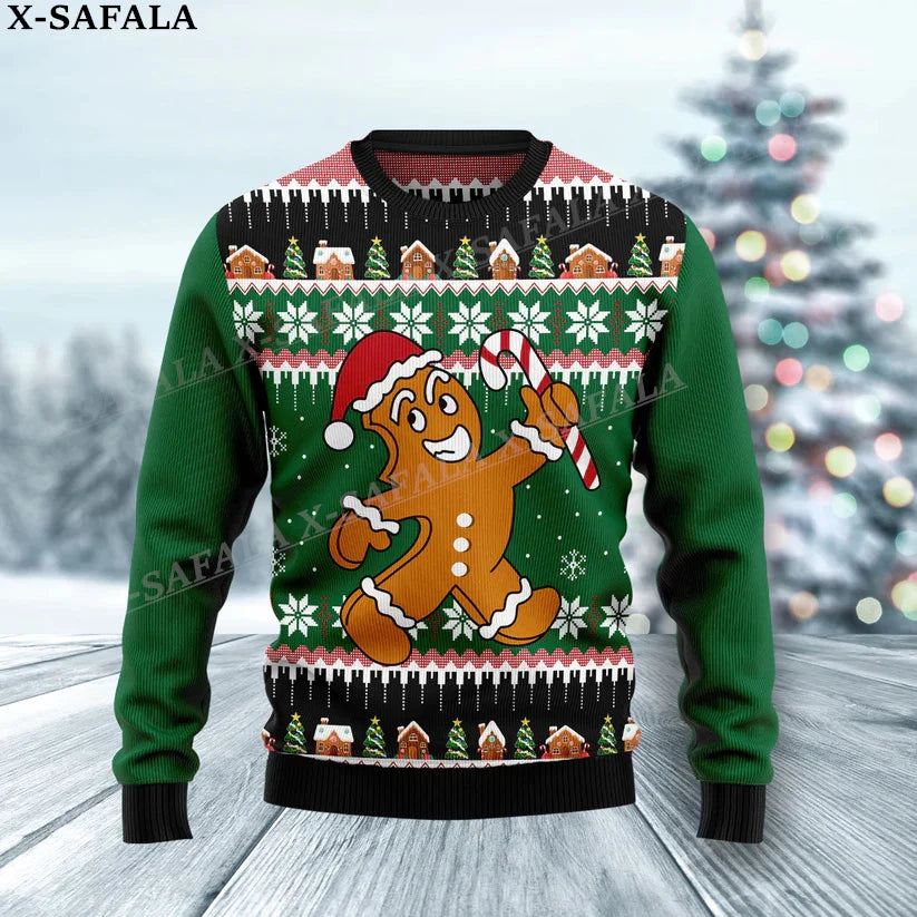 Gingerbread Man Funny Food Christmas Knit Sweaters Funny Halloween Christmas Gift Jumpers Tops Couple Party Unisex Casual-3