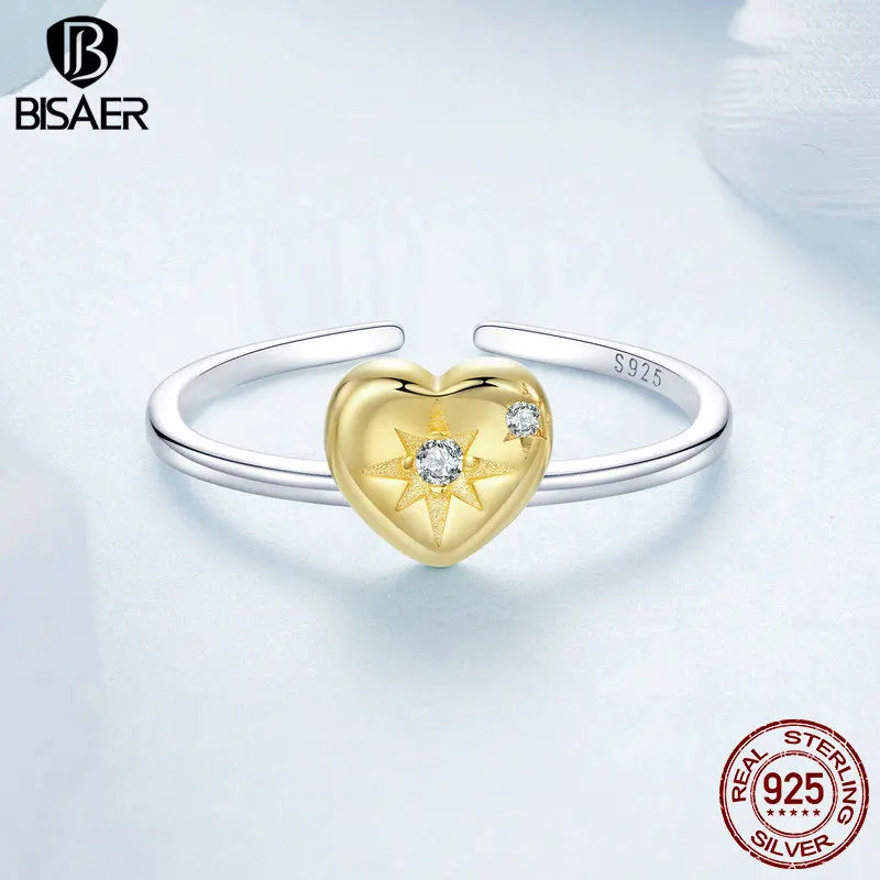 BISAER 925 Sterling Silver Heart Open Ring Two-tone Stackable Promise Band 18K Gold Plated for Couple Anniversary Fine Jewelry