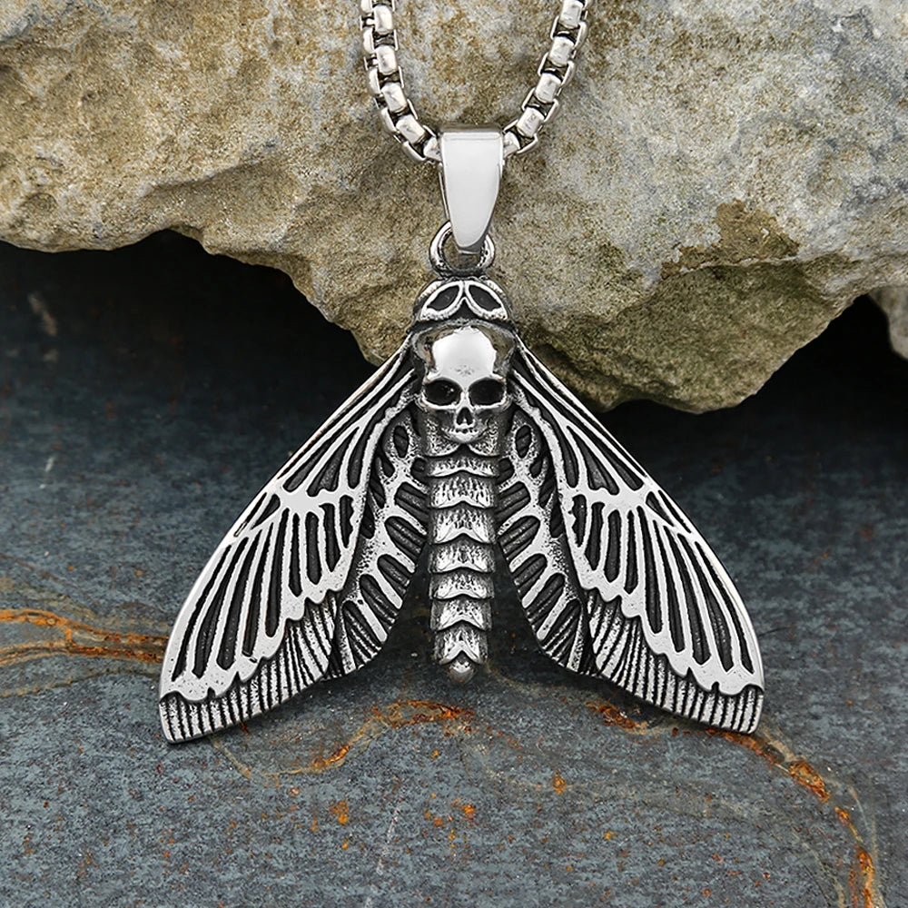 Gothic Vintage Death Moth Pendant Necklace For Men Women Punk Stainless Steel Butterfly Skull Necklaces Biker Animal Jewelry