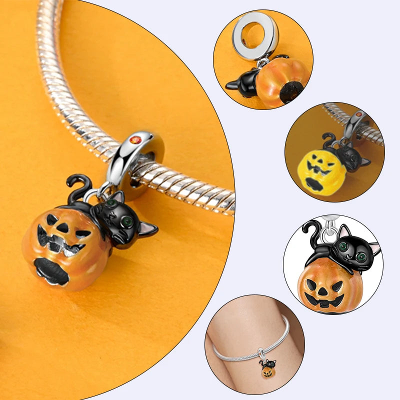 New S925 Silver Halloween Skull Pumpkin Charm Bead Fit Original Pandora Bracelet DIY Halloween Holiday Decoration Souvenirs