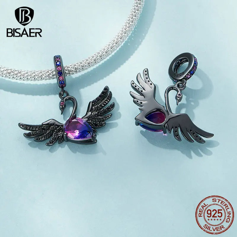 BISAER - Abalorio de plata de ley 925 con forma de gato, diseño de gato egipcio, dios cisne, chapado en oro negro, apto para pulseras de mujer, joyería fina