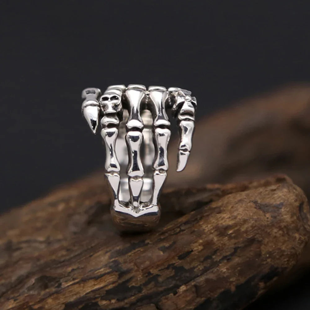 Anillo de mano de esqueleto YILUOCD S925, anillos de calavera abierta gótica para mujeres y hombres, regalo de joyería punk de Halloween