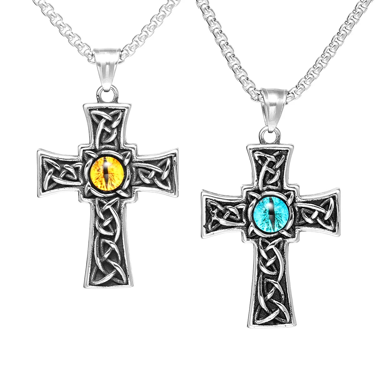 Braided Cross Men Necklace 316L Stainless Steel Gem Eye Pendants Chain Religion Rock Punk Rap for Male Jewelry Gift Dropshipping