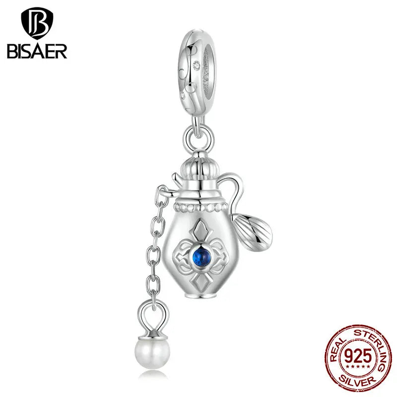 BISAER 925 Sterling Silver Original Certified Vintage Perfume Bottle Charm Pearl Chain Pendant Fit Woman DIY Jewellery Making