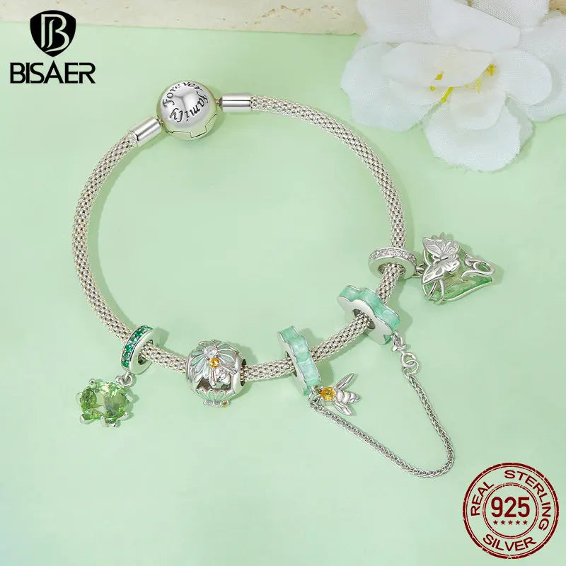 BISAER - Abalorio de plata de ley 100 % 925 con forma de abeja, margarita, mariposa, flor, cadena de seguridad, apto para pulseras y collares de mujer, joyería fina