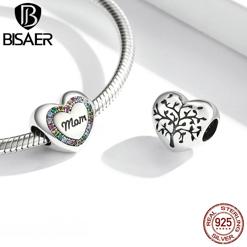 BISAER 925 Sterling Silver Heart Mom Charm Bead Love Pendant Plated Platinum Fit Mother's Day Birthday DIY Bracelet Fine Jewelry