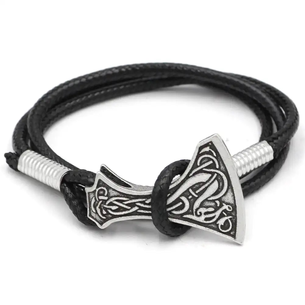 Bracelet en cuir avec pendentif marteau de Thor et hache Bracelet gothique pour homme Viking