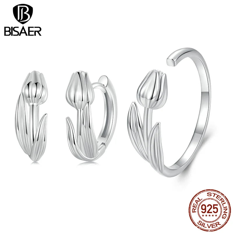 Boucles d'oreilles créoles tulipes en argent sterling 925 BISAER hypoallergéniques plaquées or blanc pour femme fête bijoux fins cadeau