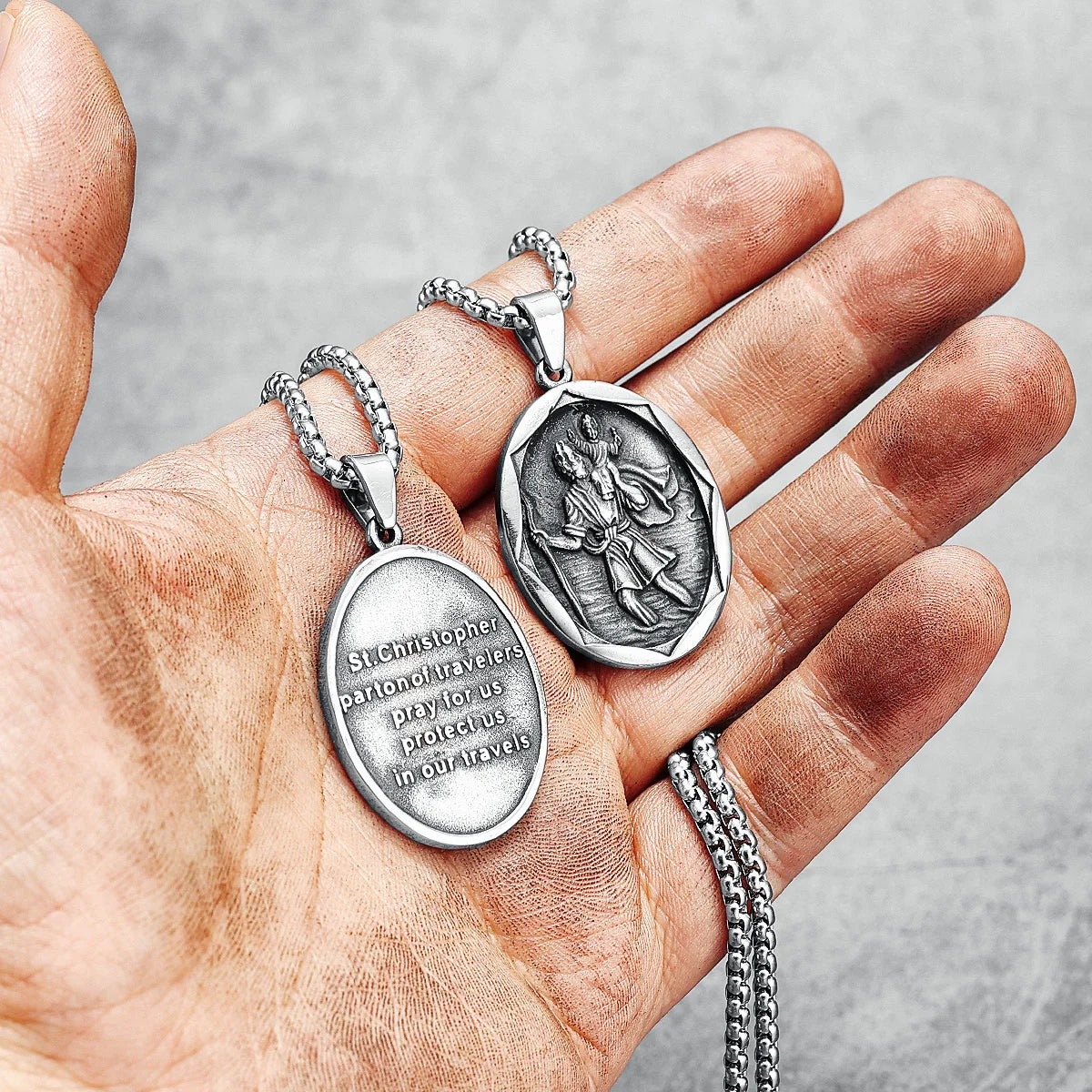 St Christopher Pendant Necklace Retro Inscription 316L Stainless Steel Men Chain Punk Rock Hip Hop for Rider Biker Jewelry Gift