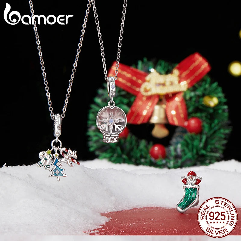 BAMOER S925 Pendentif boule de cristal flocon de neige de Noël en argent pour bracelet original DIY Bamoer Charm pour la fabrication de bijoux cadeau de Noël