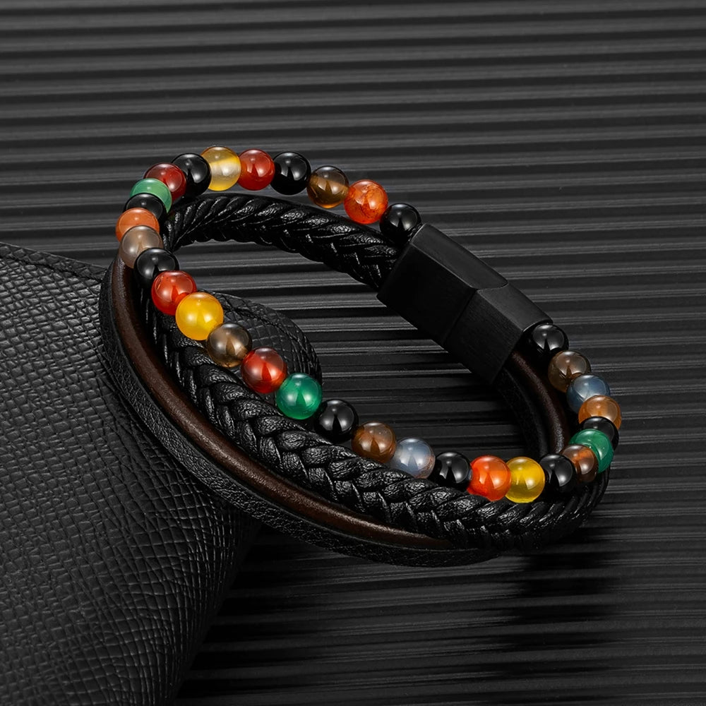 MKENDN Fashion Multilayer Leather Bracelet Men 7 Chakra Colorful Beads Bracelets Stainless Steel Magnetic Clasp Jewelry Gifts