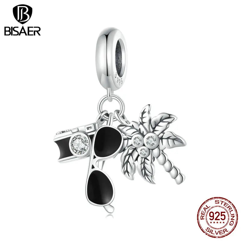 BISAER 925 Sterling Silver Vacation Charm Bead Lunettes de soleil Caméra Pendentif Fit Femmes DIY Beach Trip Bracelet Fine Jewelry ECC2557