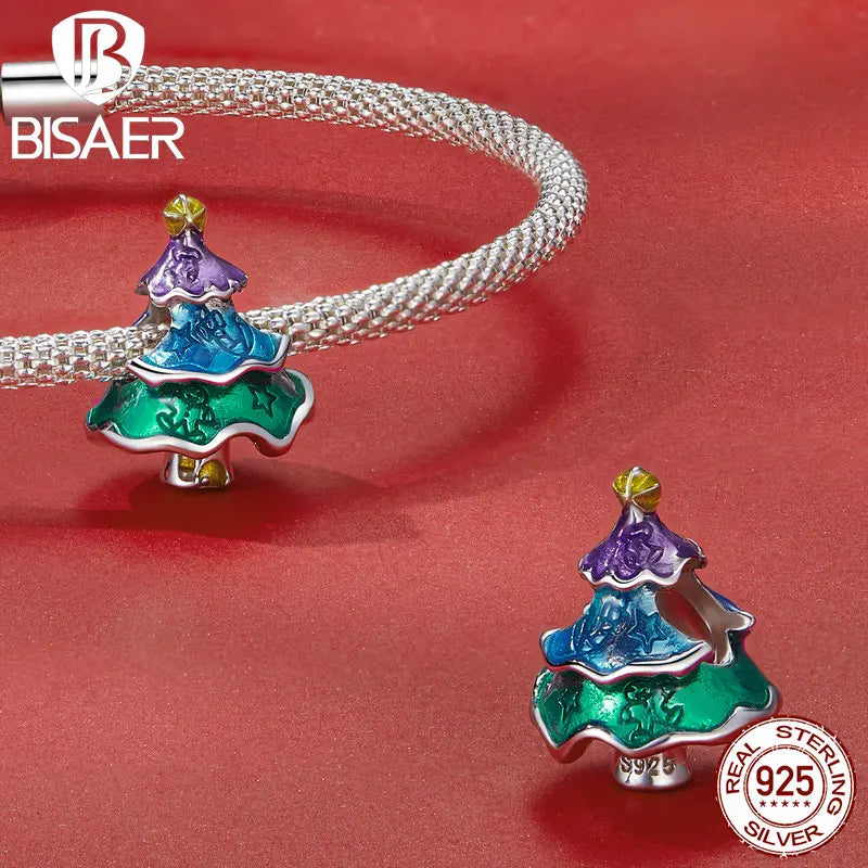 BISAER Charm arbre de Noël en argent sterling 925, pendentif bonhomme de neige, chaussettes du Père Noël, adapté au bracelet à faire soi-même, bijoux, cadeau de fête