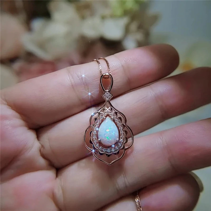 Fashion Big Water Drop White Opal Pendant Necklace For Women Luxury Rose Gold Color Crystal Flower Necklace Jewelry DropShipping