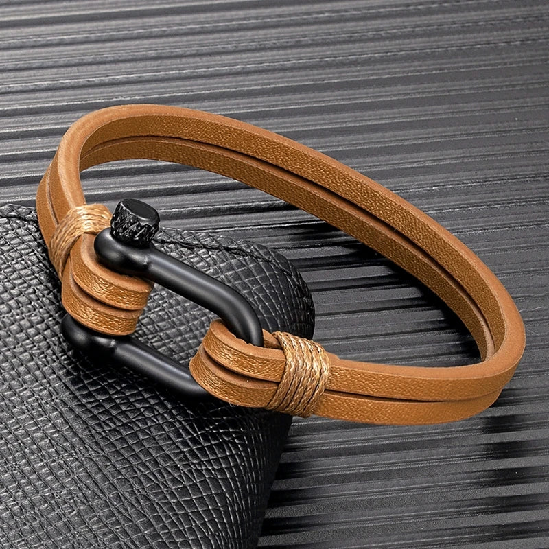 MKENDN Men U-shape Shackle Bracelet Handmade Double Layer Genuine Leather Bracelets For Women Black Stainless Steel Screw Buckle