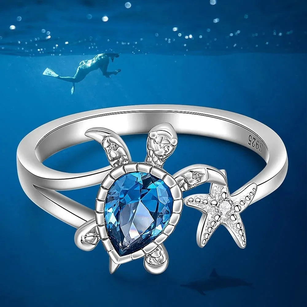 New Sea Turtle Starfish Rings for Women Blue Topaz Cute Ocean Animal Cubic Zirconia Jewelry Girl Birthday Party Gifts Wholesale