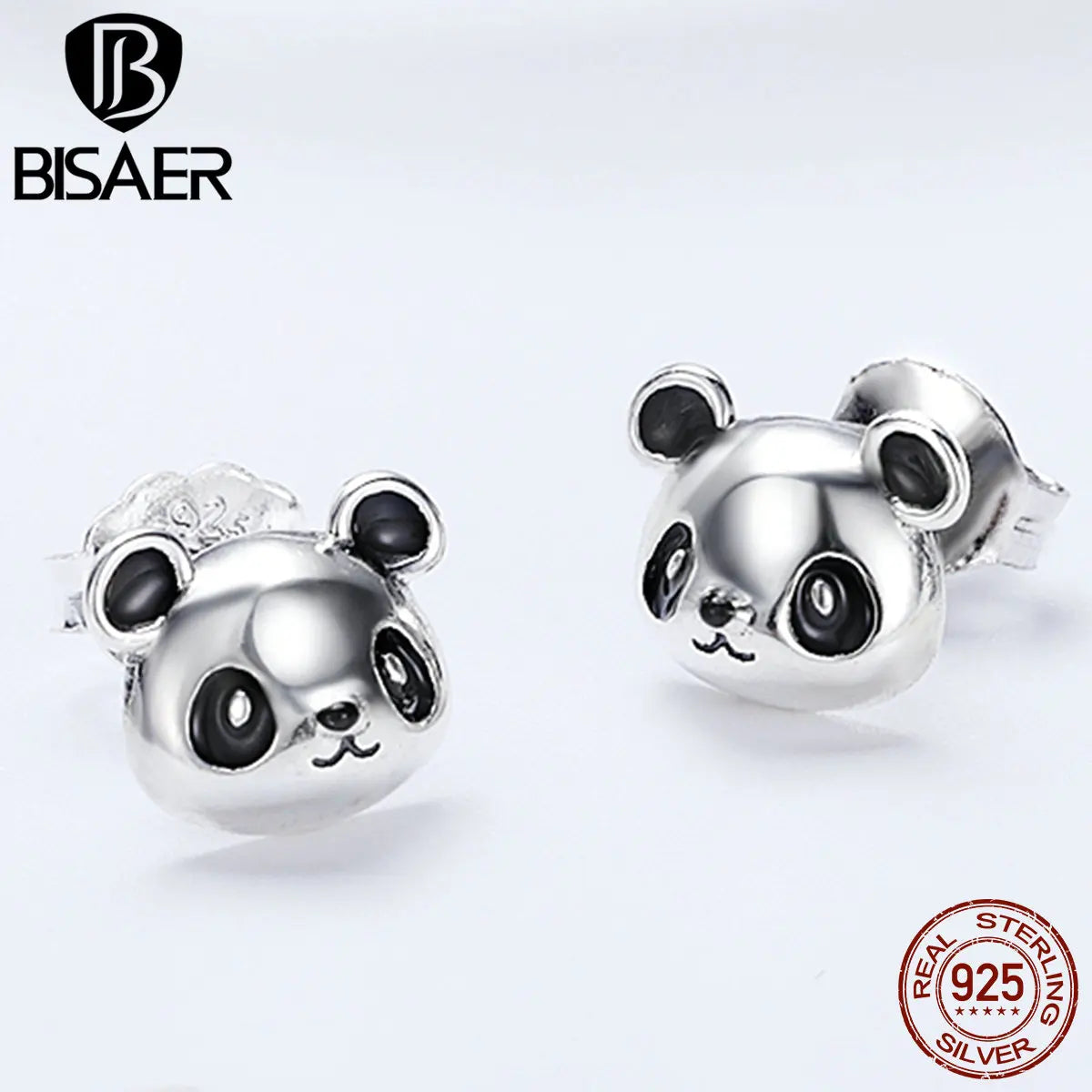 BISAER 925 Sterling Silver Cute Mini Animal Stud Earrings Cat Panda Bear Stud Ear Plated White Gold For Woman Party Fine Jewelry