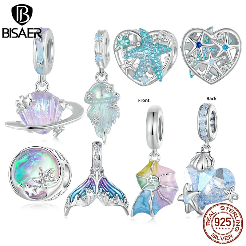 BISAER - Colgante de medusa de fantasía de plata de ley 925 con forma de planeta, concha y estrella de mar, apto para pulseras de mujer, joyería, regalo de vacaciones