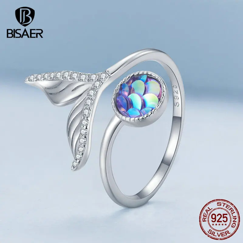 BISAER 925 Sterling Silver Mermaid Fishtail Open Ring Colorful Fish Scales Adjustable Band for Women Beach Party Fine Jewelry