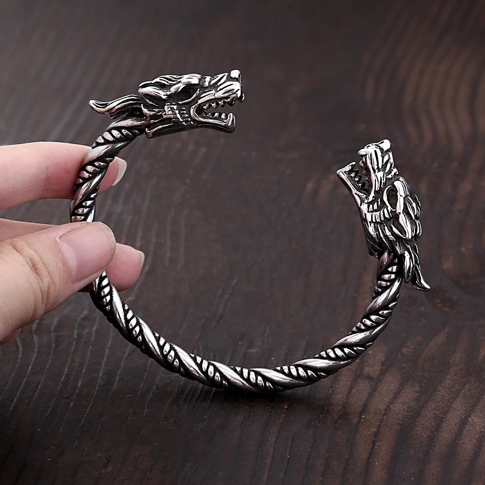 Classic Vintage Vikings Dragon Head Bracelet For Men Women Stainless Steel Punk Fashion Wristband Cuff Bangles Animal Jewelry