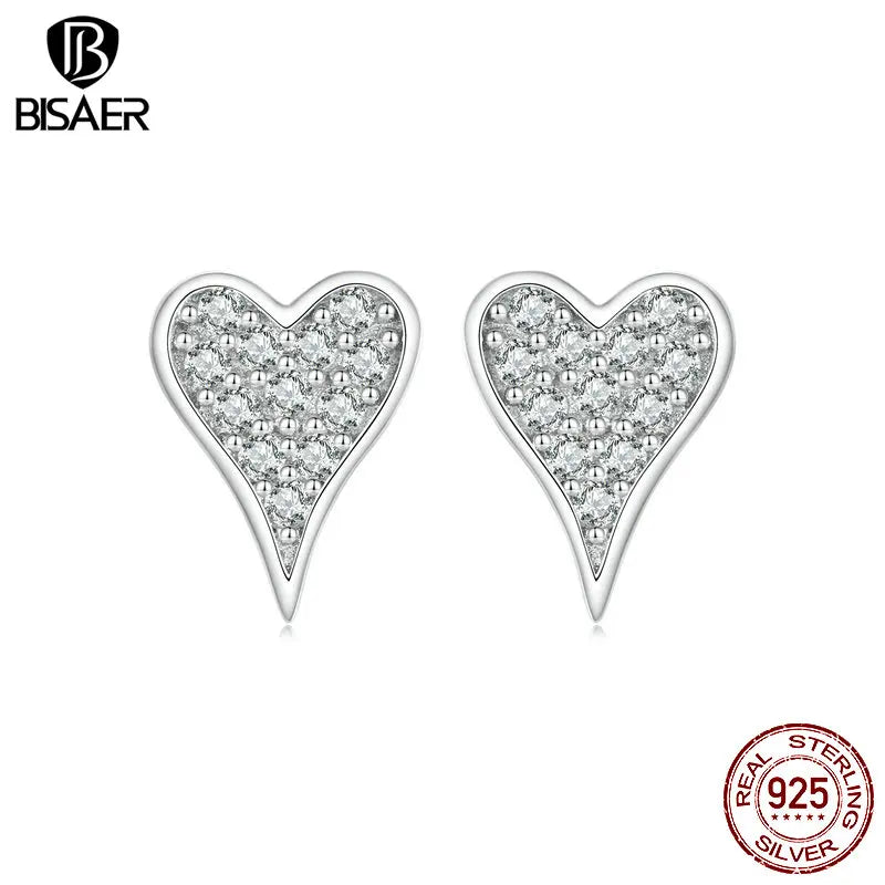 BISAER 925 Sterling Silver Shining Heart Stud Earrings Pavé Setting Zircon Plated White Gold Fine Jewelry For Woman Party Gift