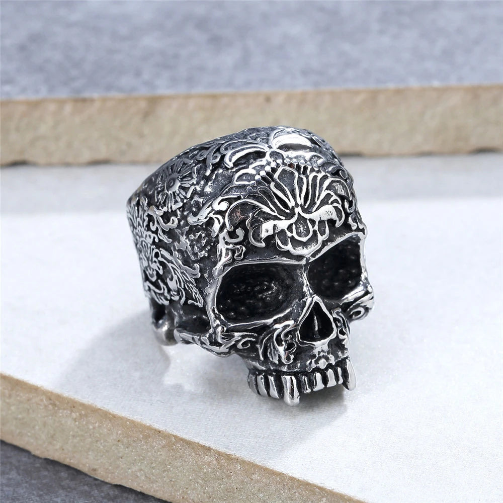 Gothic Flower Stamp Skull Ring For Men Punk 316l Stainless Steel Skull Ring Men And Women Devil Skull Biker Ring Wholesale